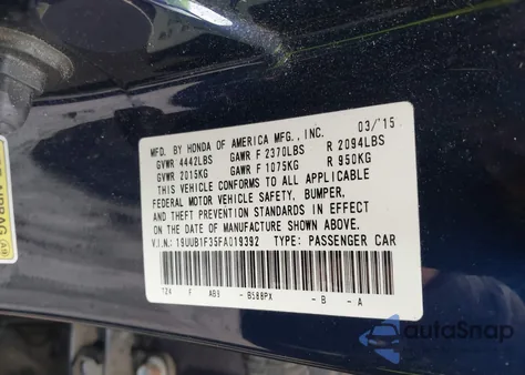 2015 Acura Tlx z USA, uszkodzony, nr VIN 19UUB1F35FA019392